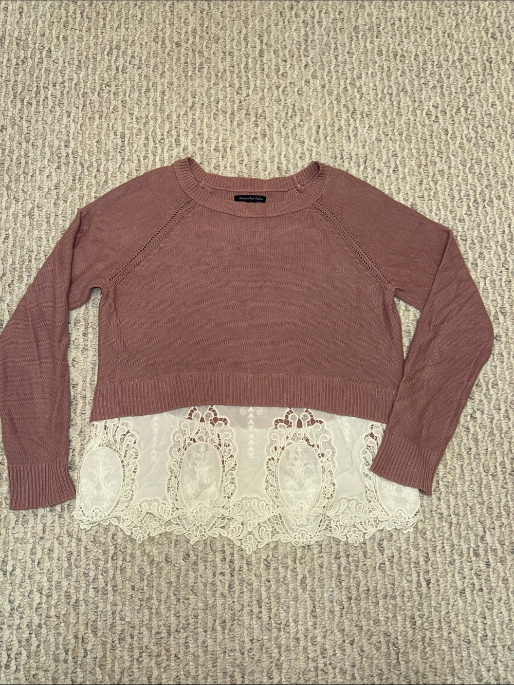 American Eagle Outfitters Mauve Lace-Hem Scoop Neck Sweater